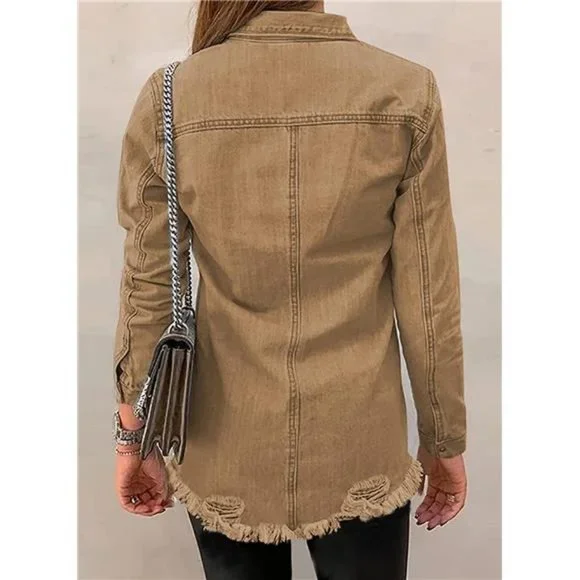 WOMEN'S Oversized Denim Jacket Casual Long A1 Brown